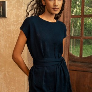 有機棉長版蓋袖附腰帶背心