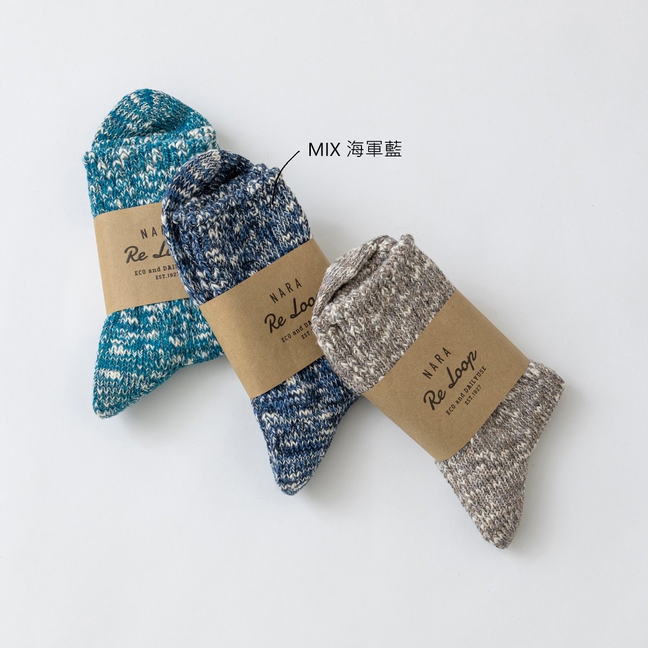 SOUKI創喜奈良襪【RE LOOP】精梳棉節紗透氣襪 SLUB MIX RIB CREW MIX 海軍藍