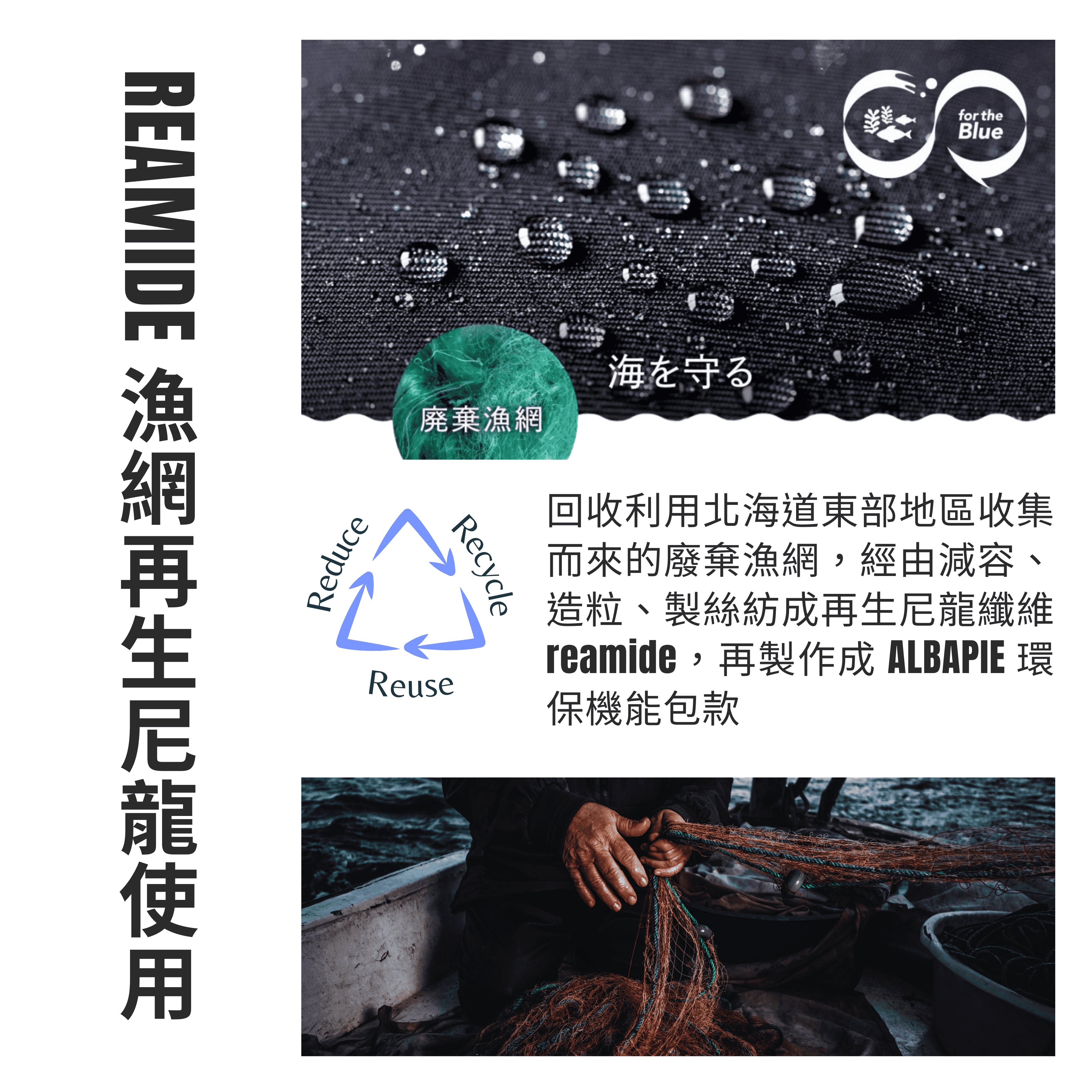 ALBAPIE認證豐岡包，回收利用北海道﻿東部地區收集而來的廢棄漁網，經由減容、造粒、製絲紡成再生尼龍纖維 reamide，再製作成 ALBAPIE 環保機能包款。