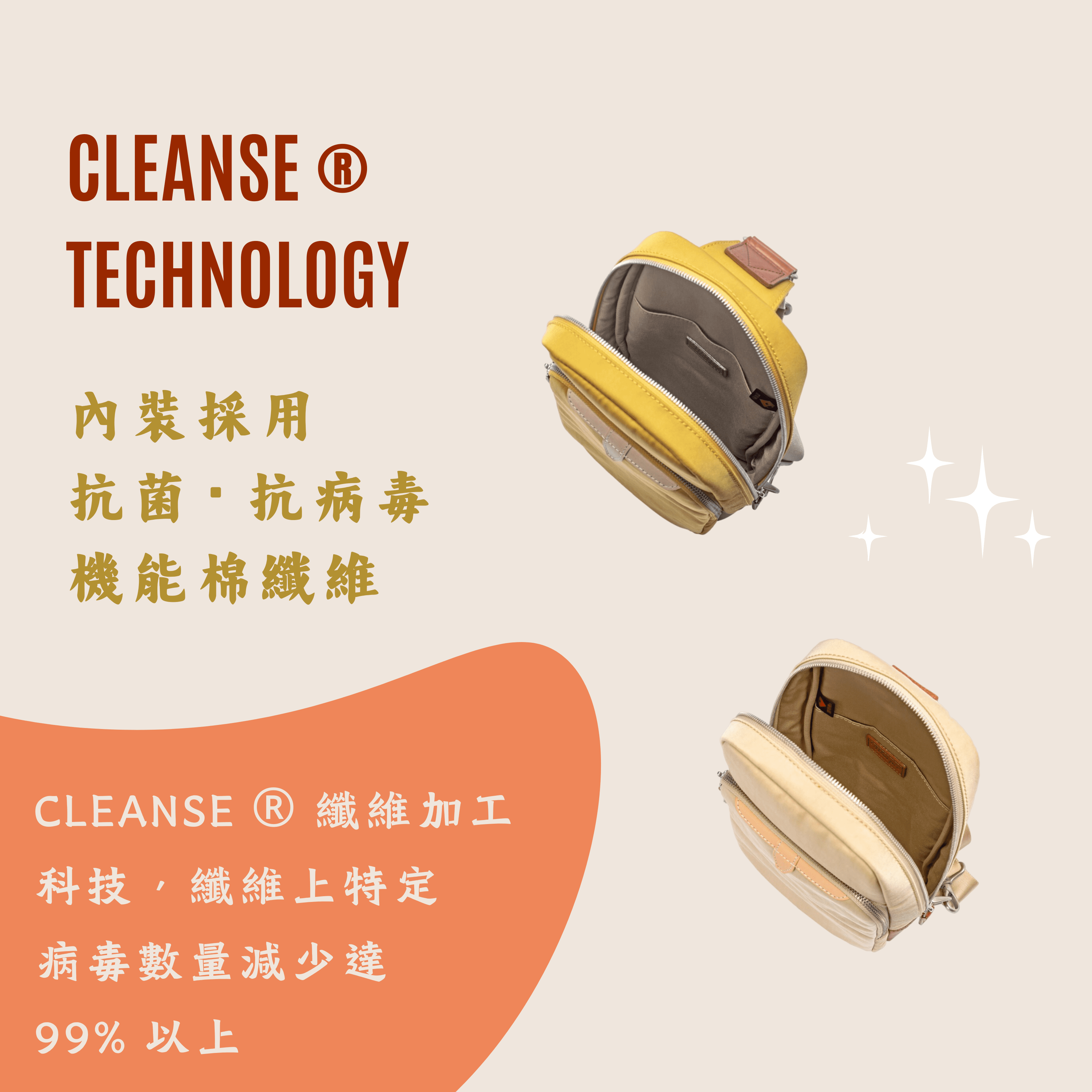 內裝運用 CLEANSE ® 纖維加工科技，讓纖維上特定病毒數量減少達 99% 以上。