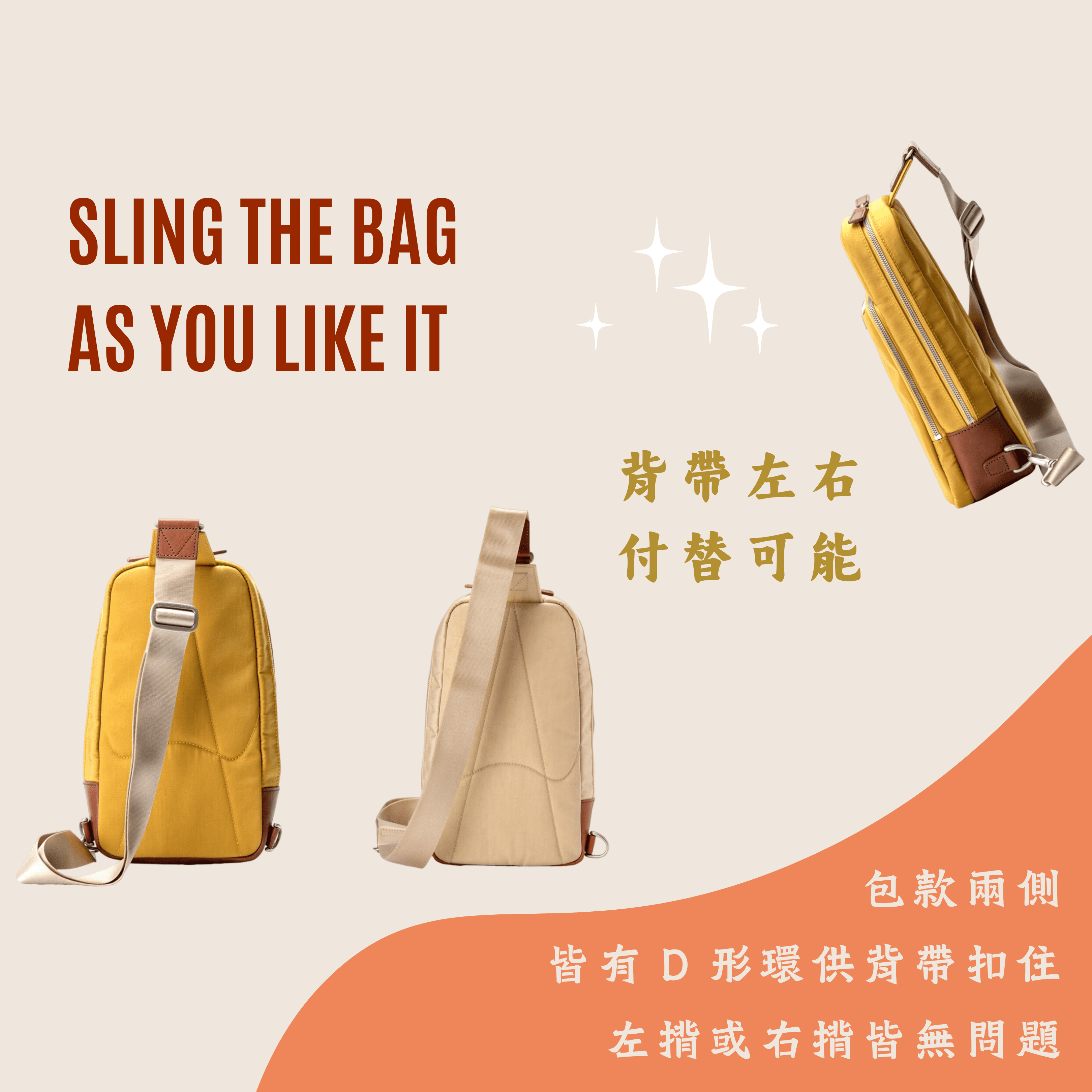 包款兩側皆有 D 形環供背帶扣住，調整背帶左揹或右揹，皆無問題。