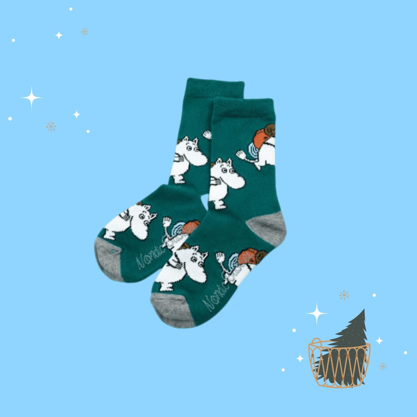 Moomintroll Kids Socks - Adventure - Petrol Green（中筒童襪）嚕嚕米衝露營