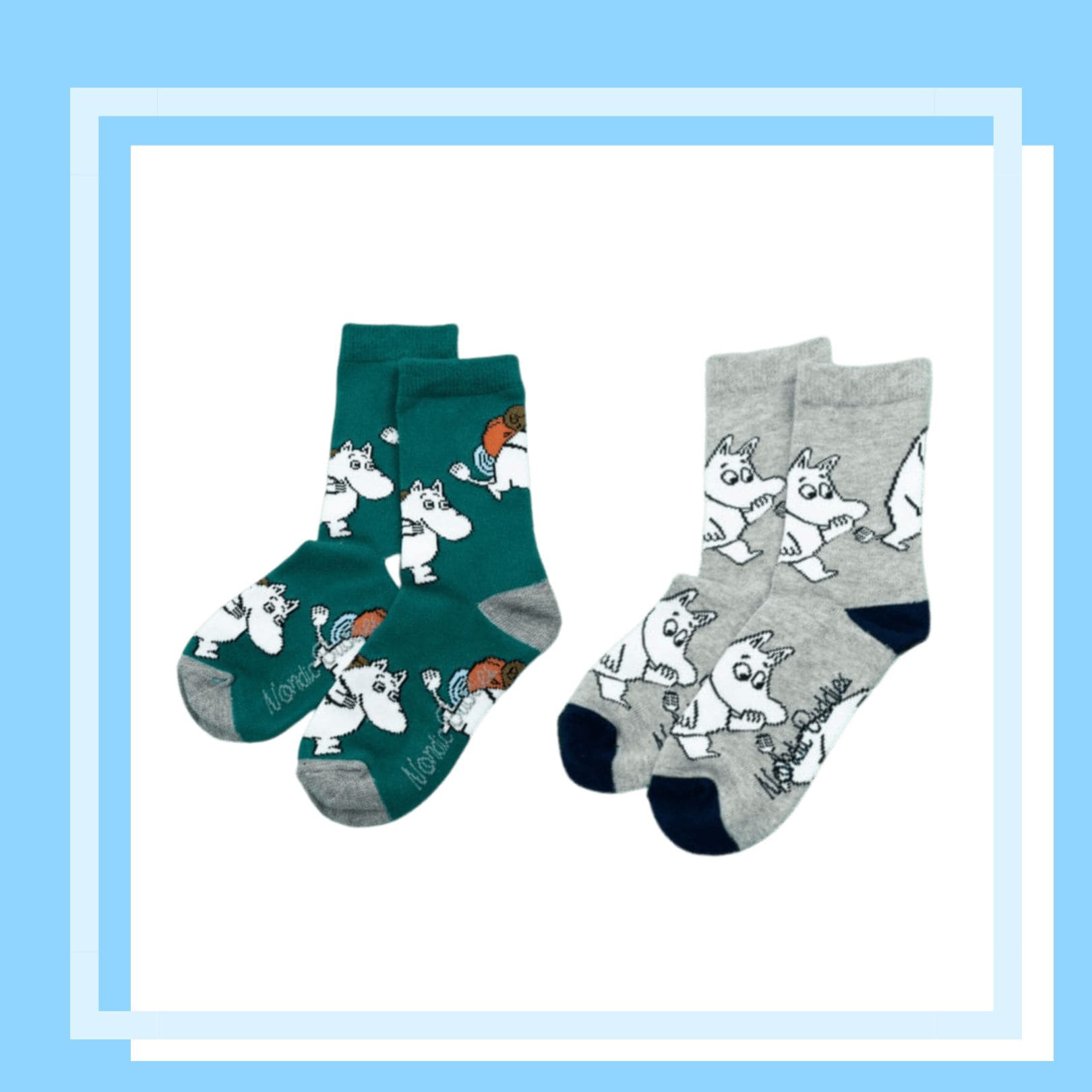 Nordic Buddies北歐好麻吉 Moomintroll Kids Socks - Adventure - Petrol Green（中筒童襪）嚕嚕米衝露營 + Moomintroll Kids Socks - Oops ! - Grey（中筒童襪）Oops ! 嚕嚕米 / 姆明