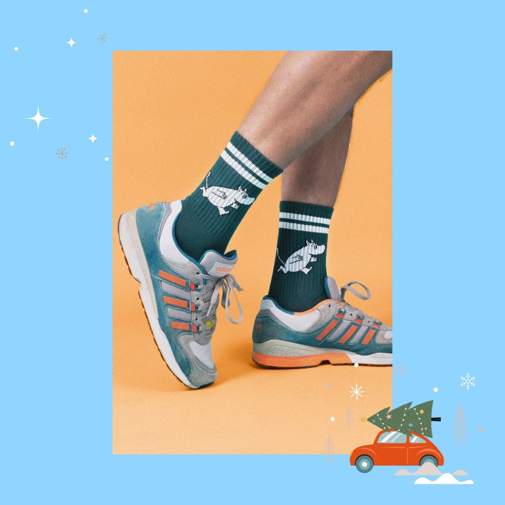 Moomintroll Running Retro Men Socks - Forest Green（中筒男襪）奔跑吧嚕嚕米