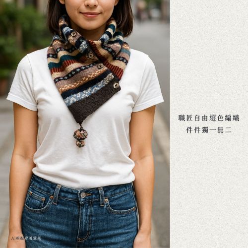 People Tree Japan 手工針織羊毛牛角扣披肩圍巾 AI模擬穿著效果
