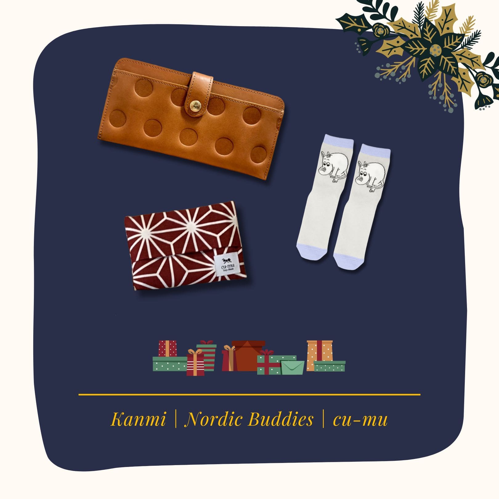 A . A 2025 聖誕特惠組 1「混搭永續・風格職人組」Kanmi 甘飴印本革纖薄扣式長夾 焦糖、Nordic Buddies 中筒女襪 翻滾吧嚕嚕米 薄荷藍、cu-mu 布作面紙小物收納包 麻葉和柄 紅