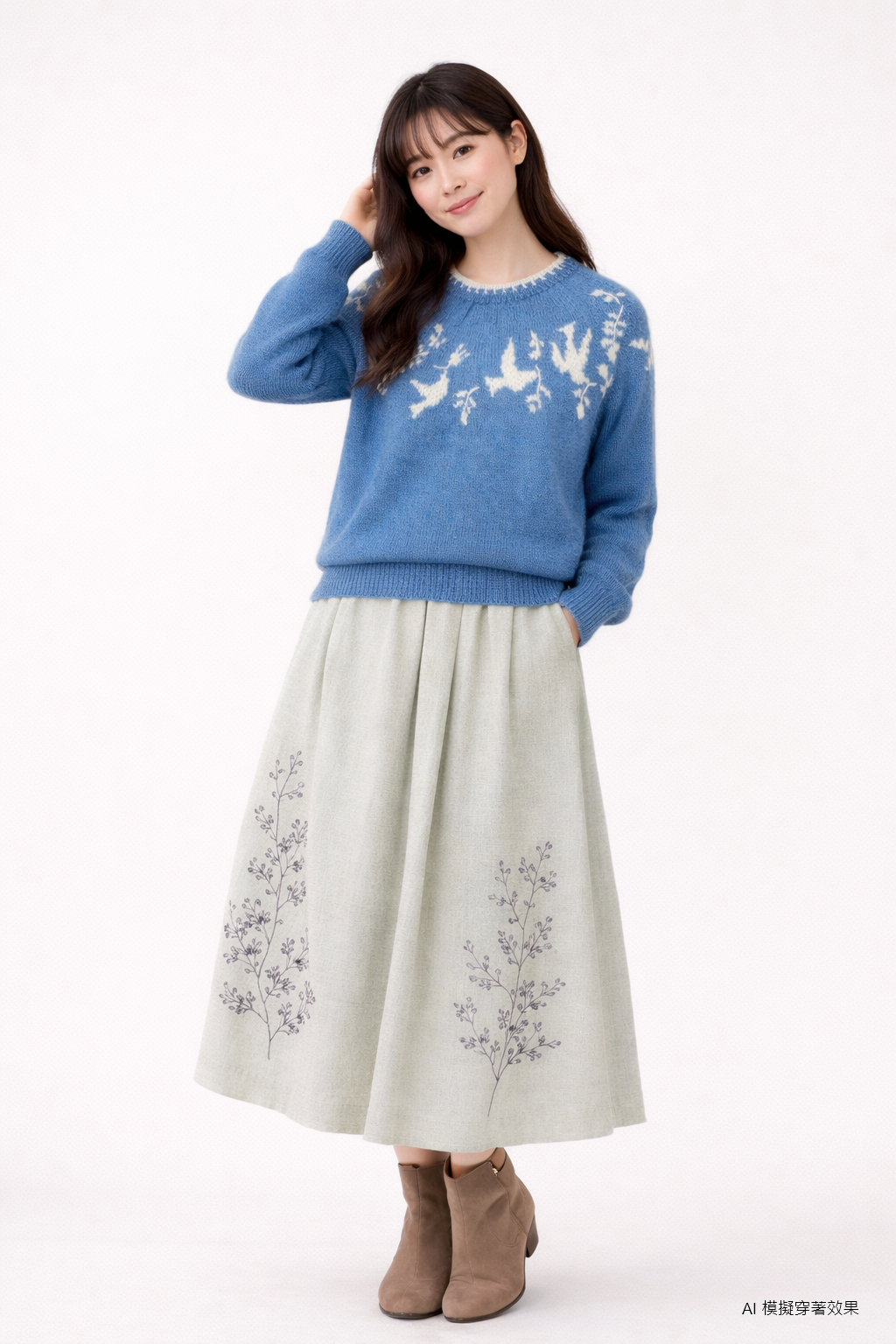 People Tree Japan 手工針織刺繡套衫 平和之鴿，AI模擬穿著效果