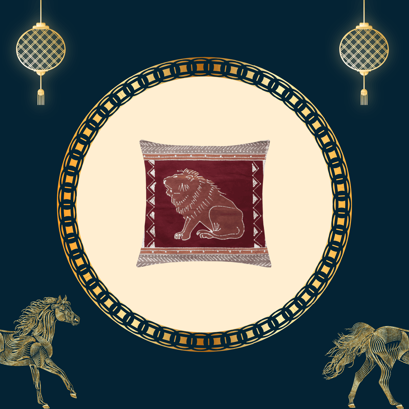 2026 Lunar New Year Select 馬躍新春促銷選品 7 Tribal Textiles 粗獷派手繪蠟染純棉抱枕套 Kwapya Lion 南盧安瓜的勇猛獅王